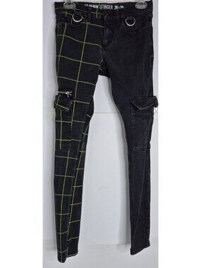 HT Denim Black & Green Split Grid Stinger Jeans Mens Size 28x32 (28x30)